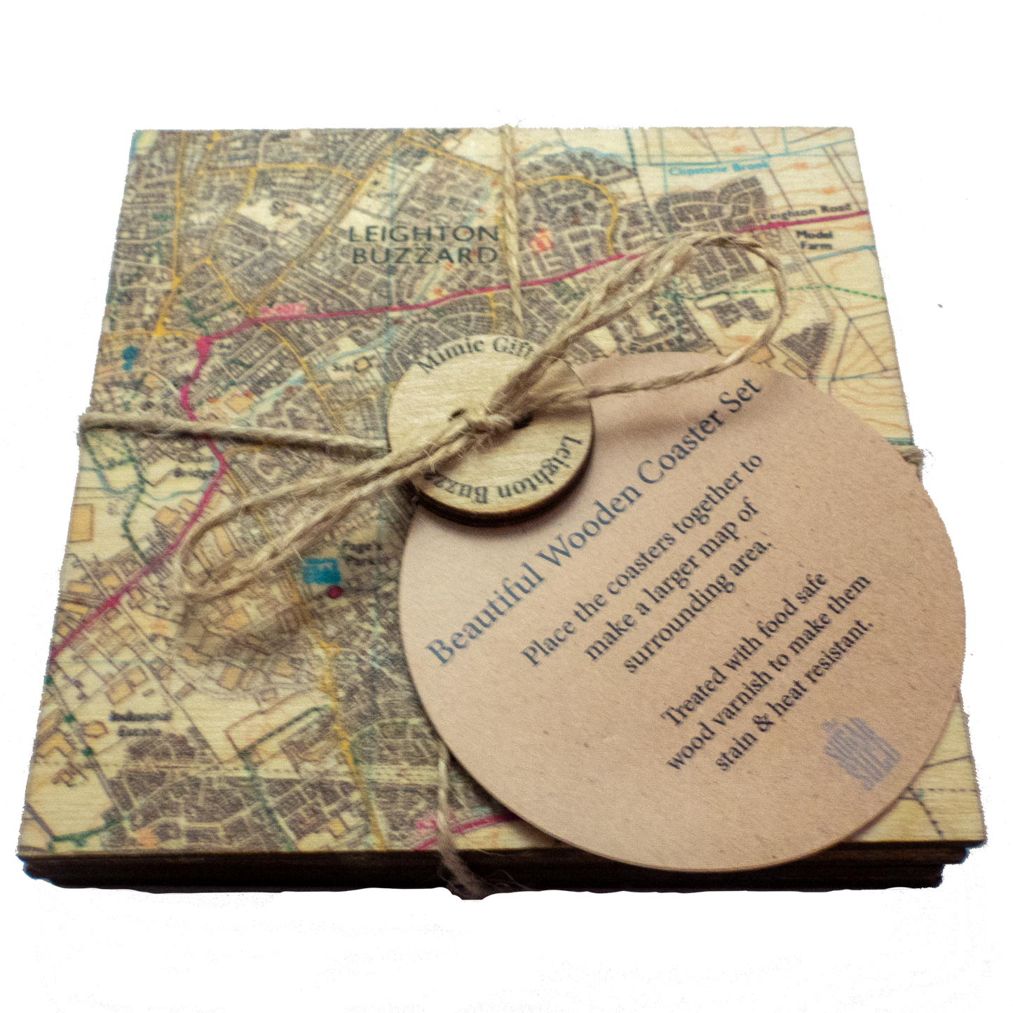 Drinks coaster set dipicting a ordnance survey map of Leighton Buzzard & surrounding area