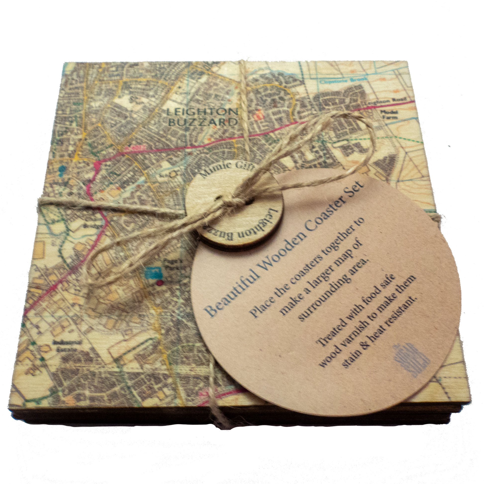 Drinks coaster set dipicting a ordnance survey map of Leighton Buzzard & surrounding area
