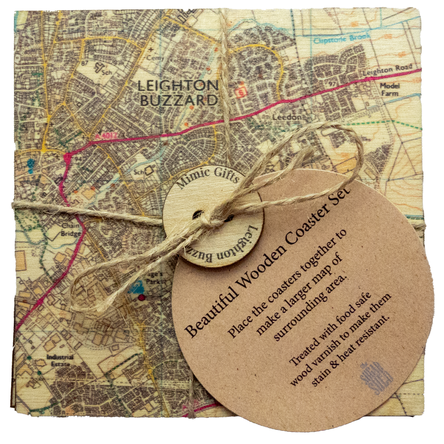 Drinks coaster set dipicting a ordanace survey map of Leighton Buzzard & surronding area. Tied with string