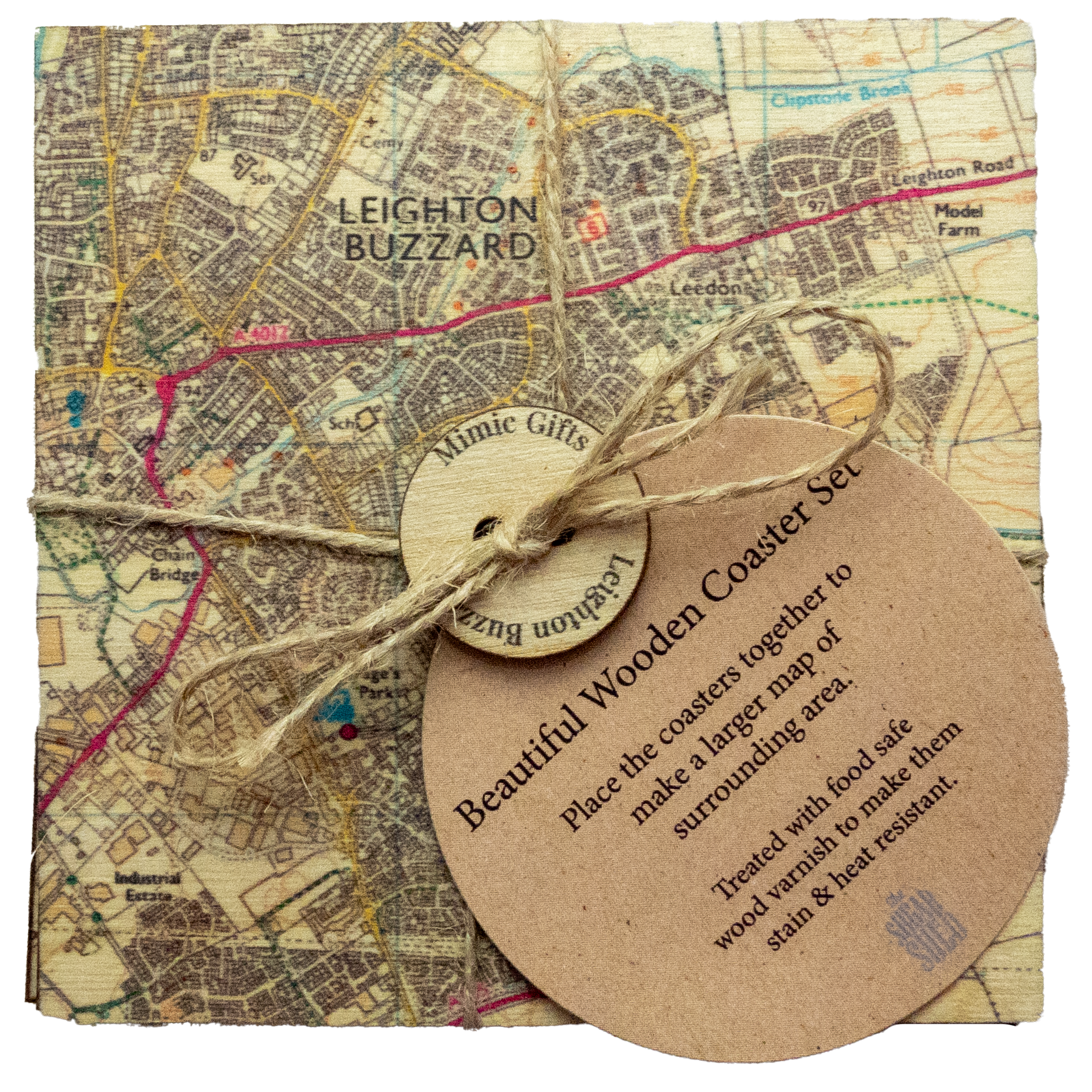 Drinks coaster set dipicting a ordanace survey map of Leighton Buzzard & surronding area. Tied with string