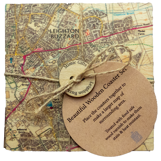 Drinks coaster set dipicting a ordanace survey map of Leighton Buzzard & surronding area. Tied with string 