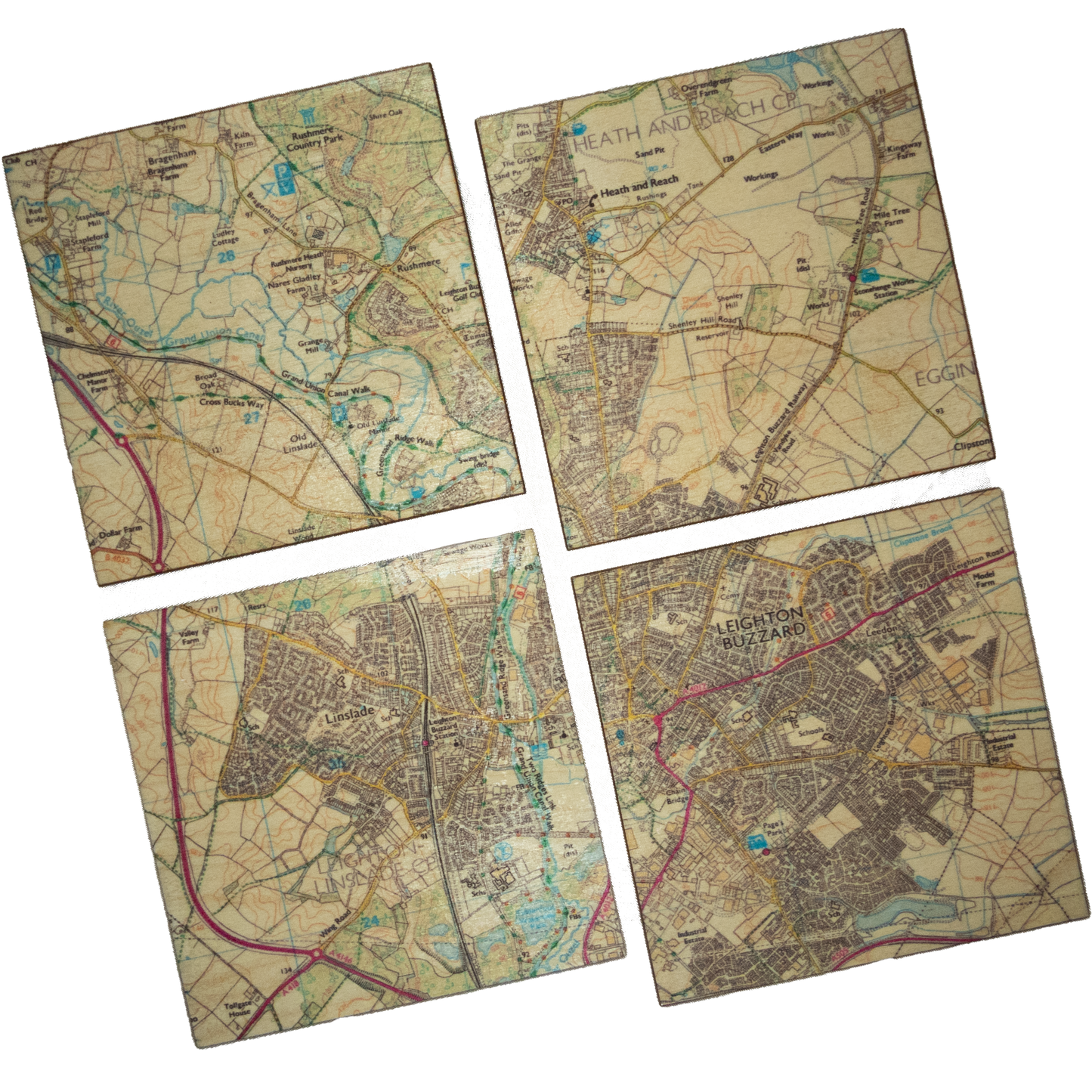 Drinks coaster set of dipicting a ordanace survey map of Leighton Buzzard & surrounding area