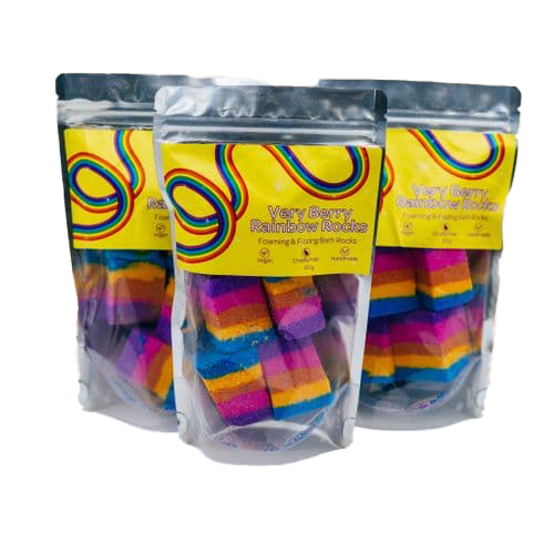 A pouch of Rainbow coloured mini bath bombs