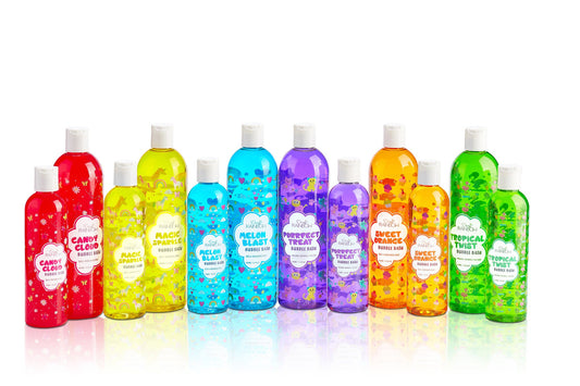Brightly coloured Vegan bubble bath body wash designed for children