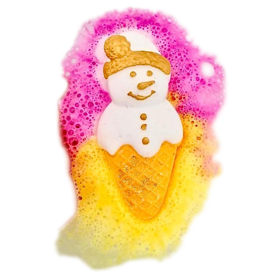 Snowman Bath Bomb with Pink & Yellow foam fizzing in the bath