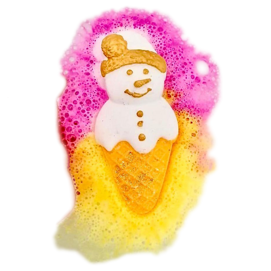 Snowman Bath Bomb with Pink & Yellow foam fizzing in the bath