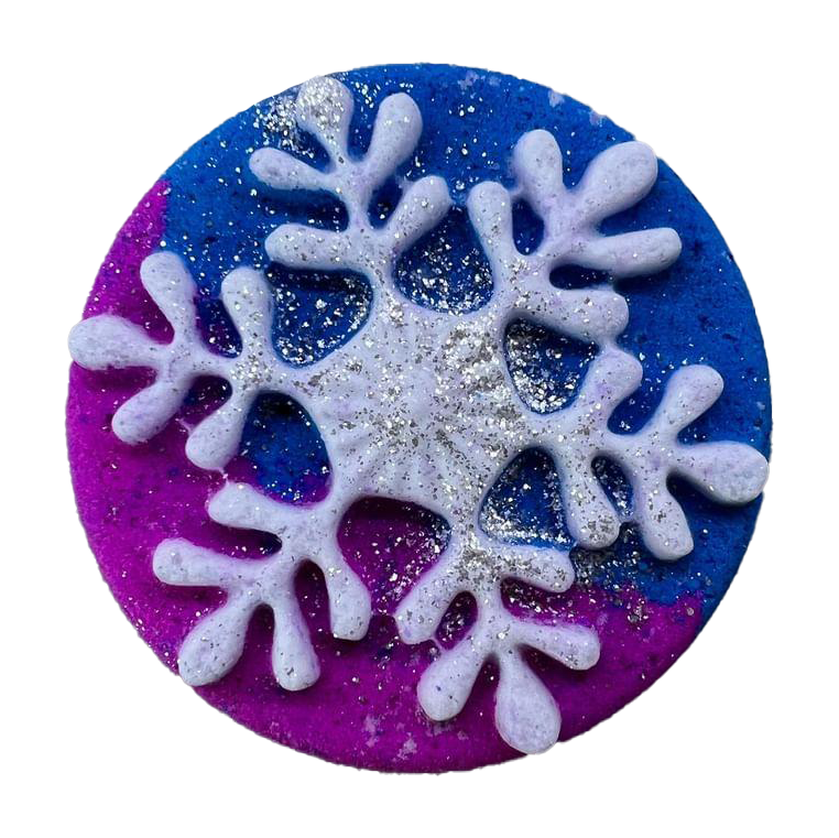 Festive Bath Bomb in the shape of a snowflake with bright colours and sprinkling of biodegradable glitter