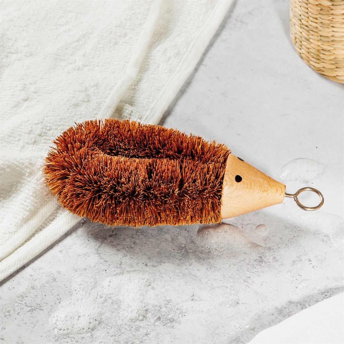 Adorable hedgehog washing up brush with coconut bristles and beech wood nose