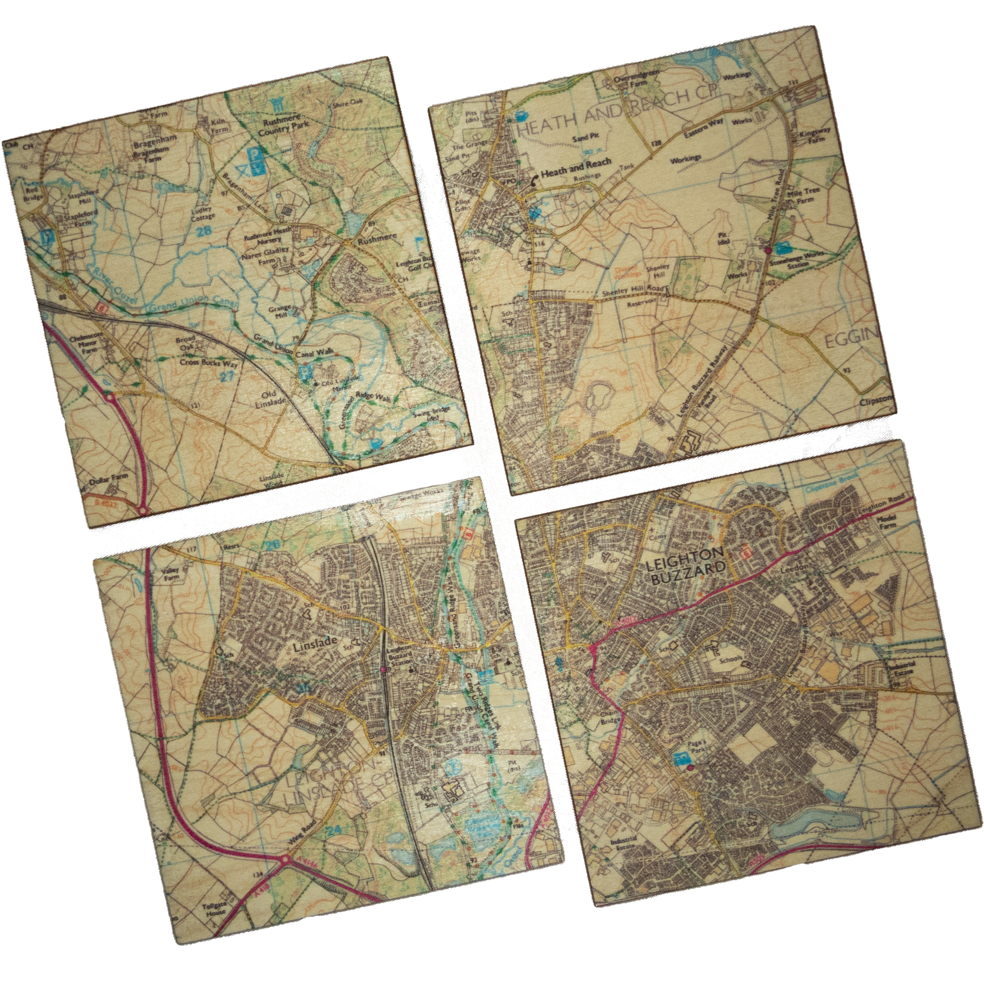Drinks coaster set of dipicting a ordanace survey map of Leighton Buzzard & surrounding area