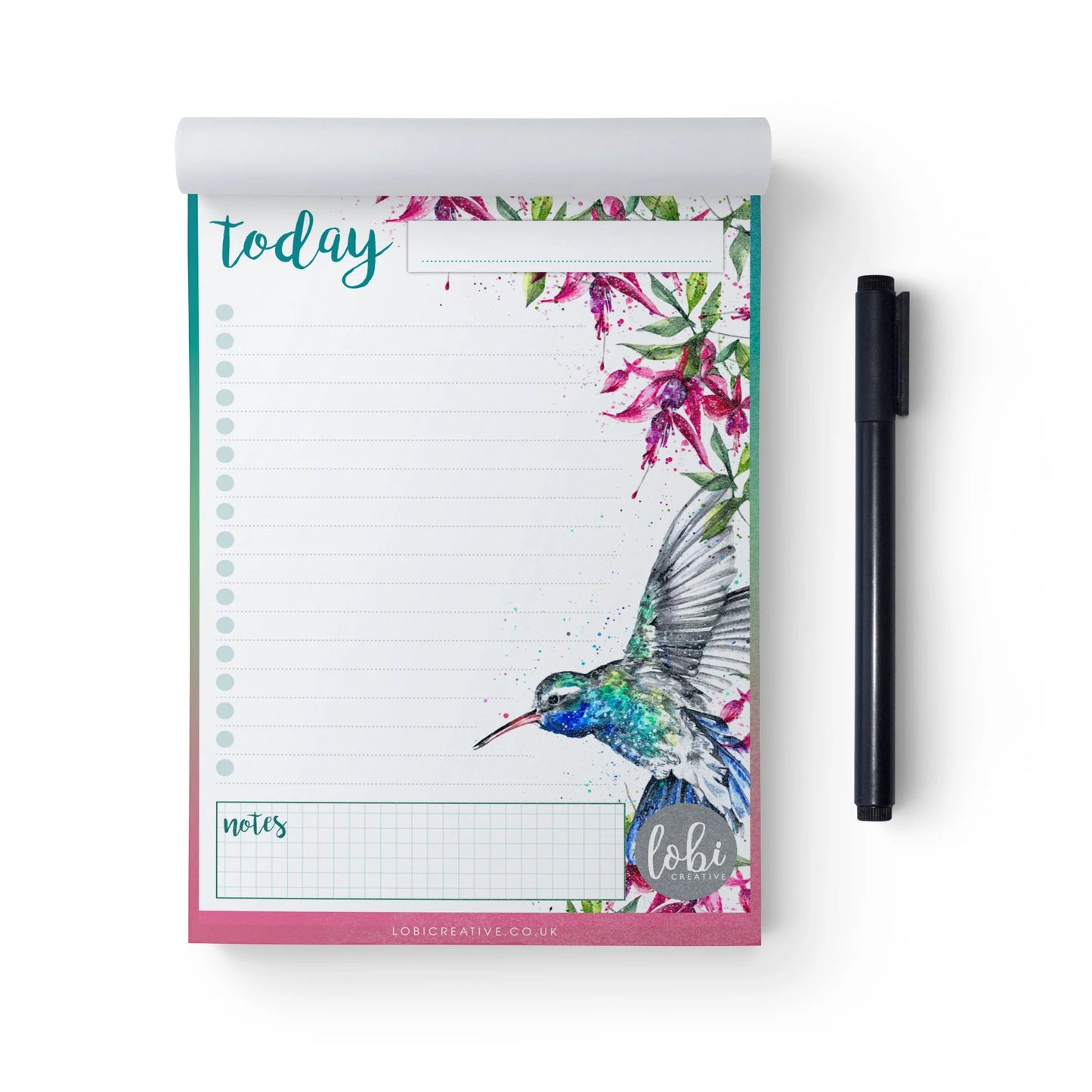 Bright & Cheerful hummingbird design on a daily listnotepad