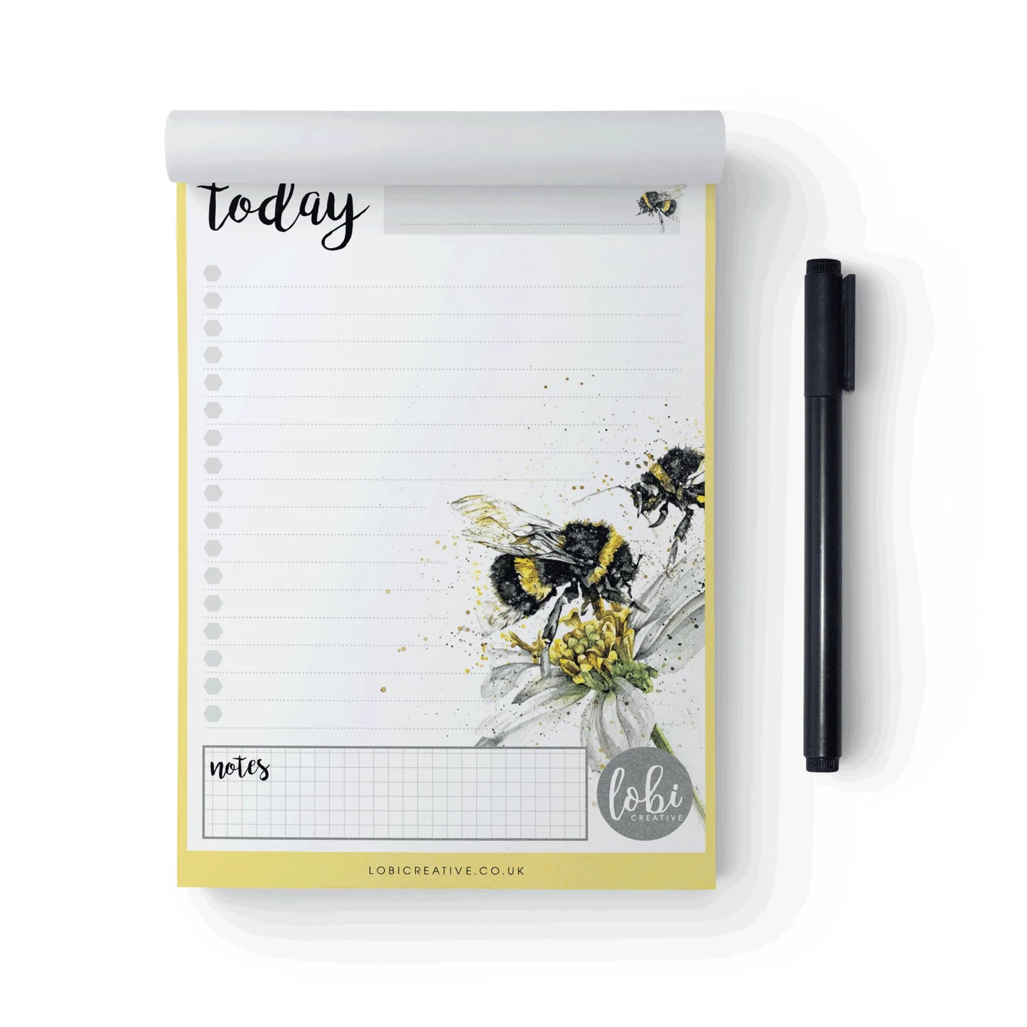 Eco friendly notepad for everyday task lists with artists drawing of Bees on the right hand side of page