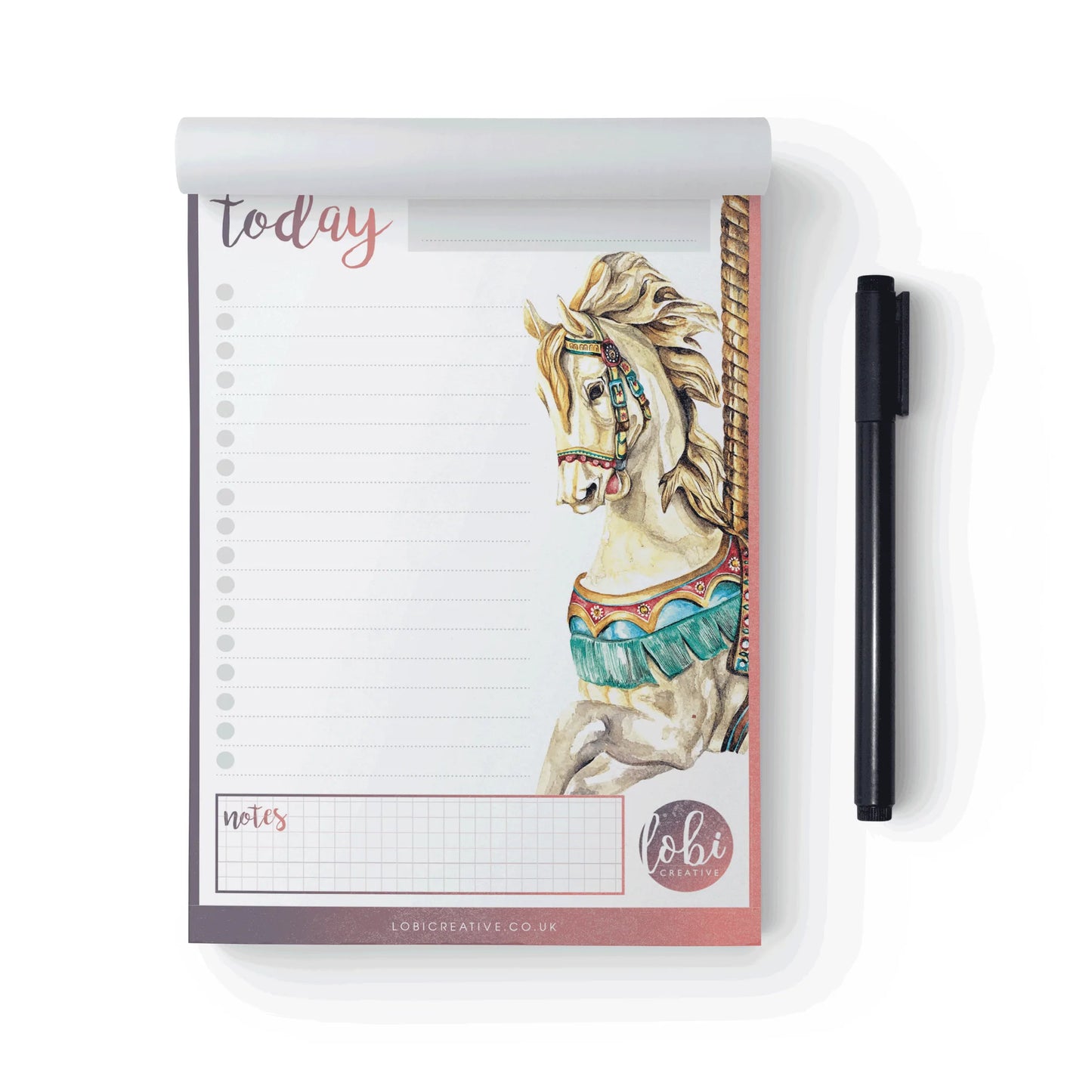 Eco friendly notepad for everyday task lists with artists drawing of carousel horse on the right hand side of page