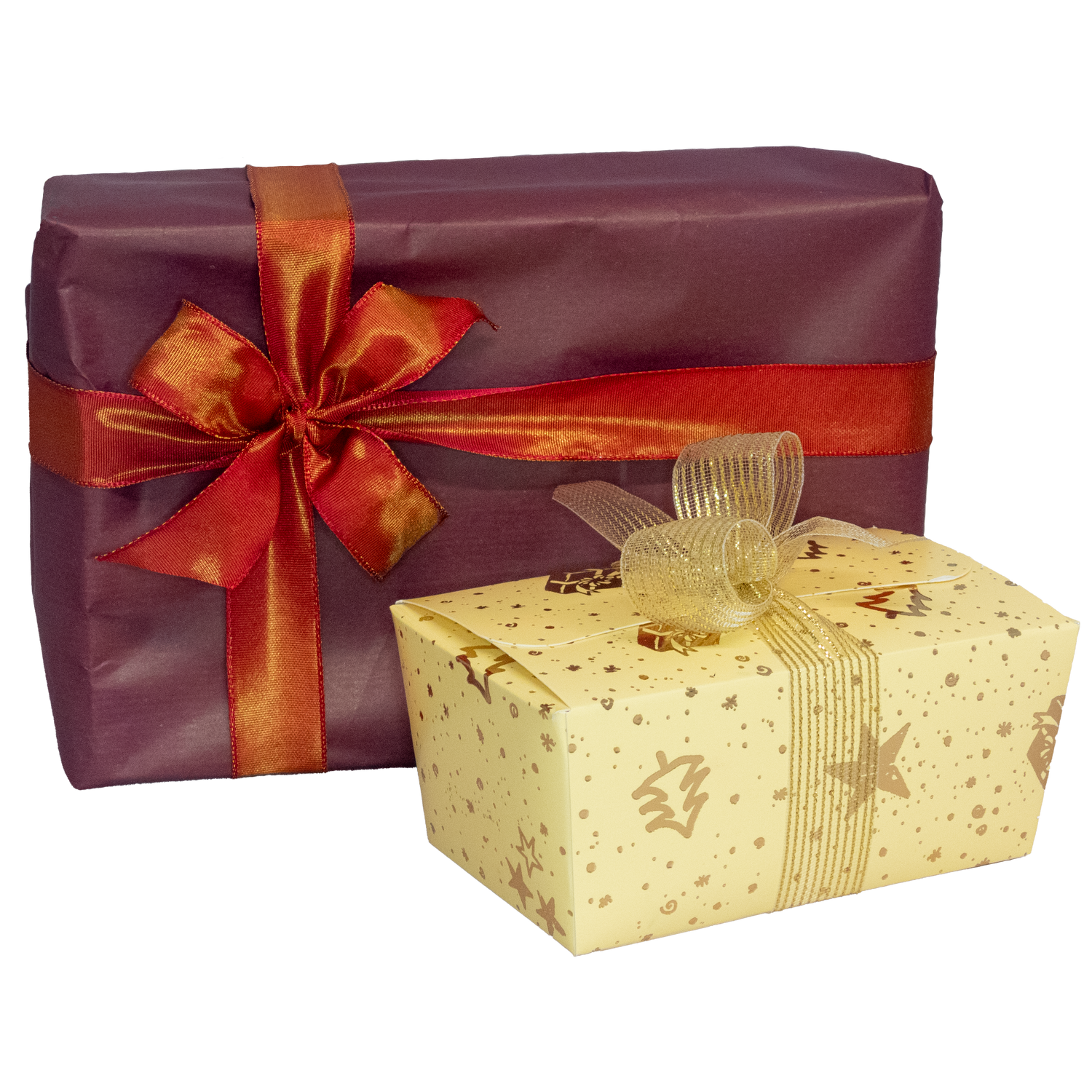 2 Gift wrapped boxes, one in red paper with orangey-red ribbon and one in gold with christmas symbols and gold ribbon