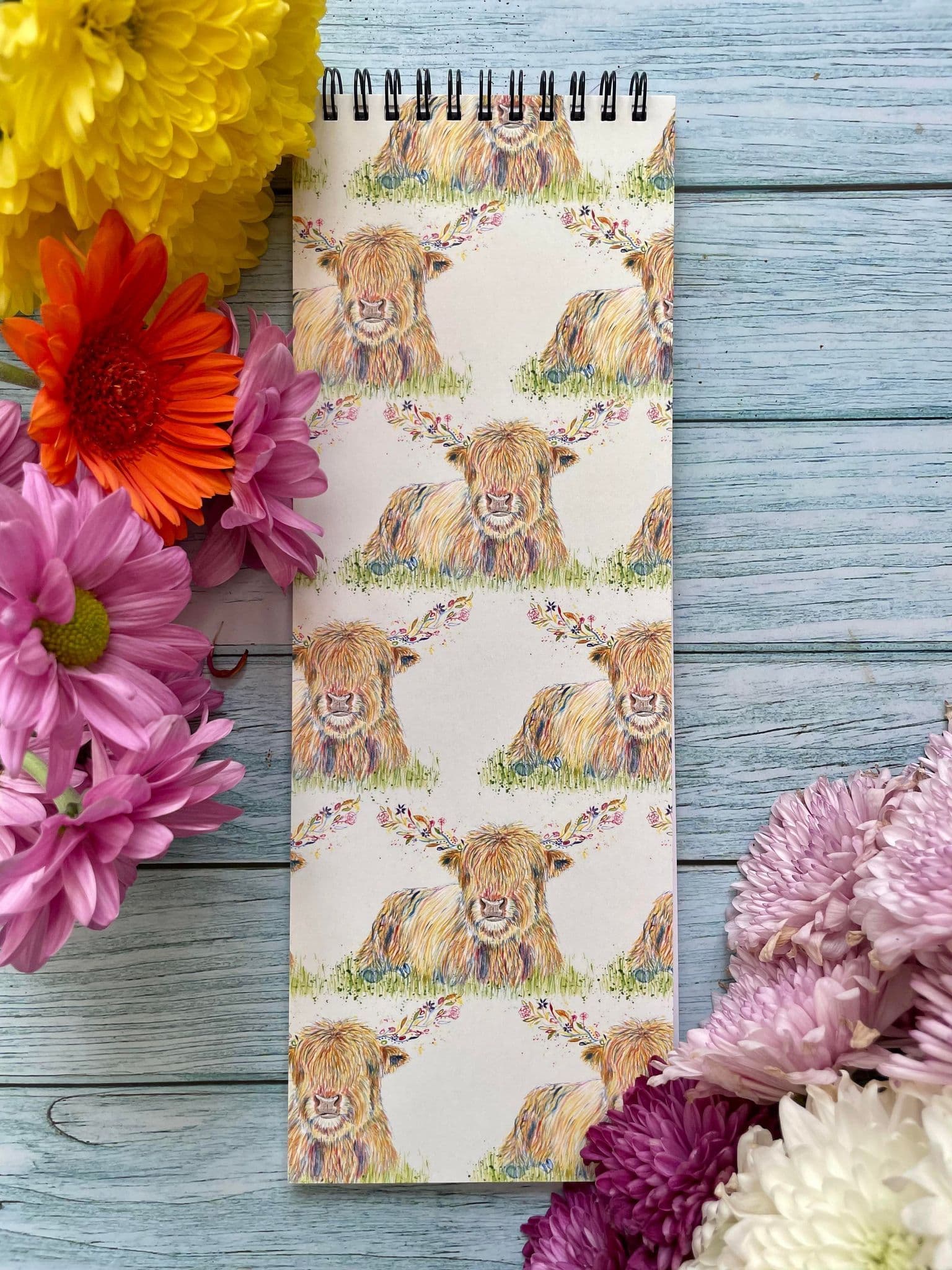 Tall notepad perfect for lists with highland cow design