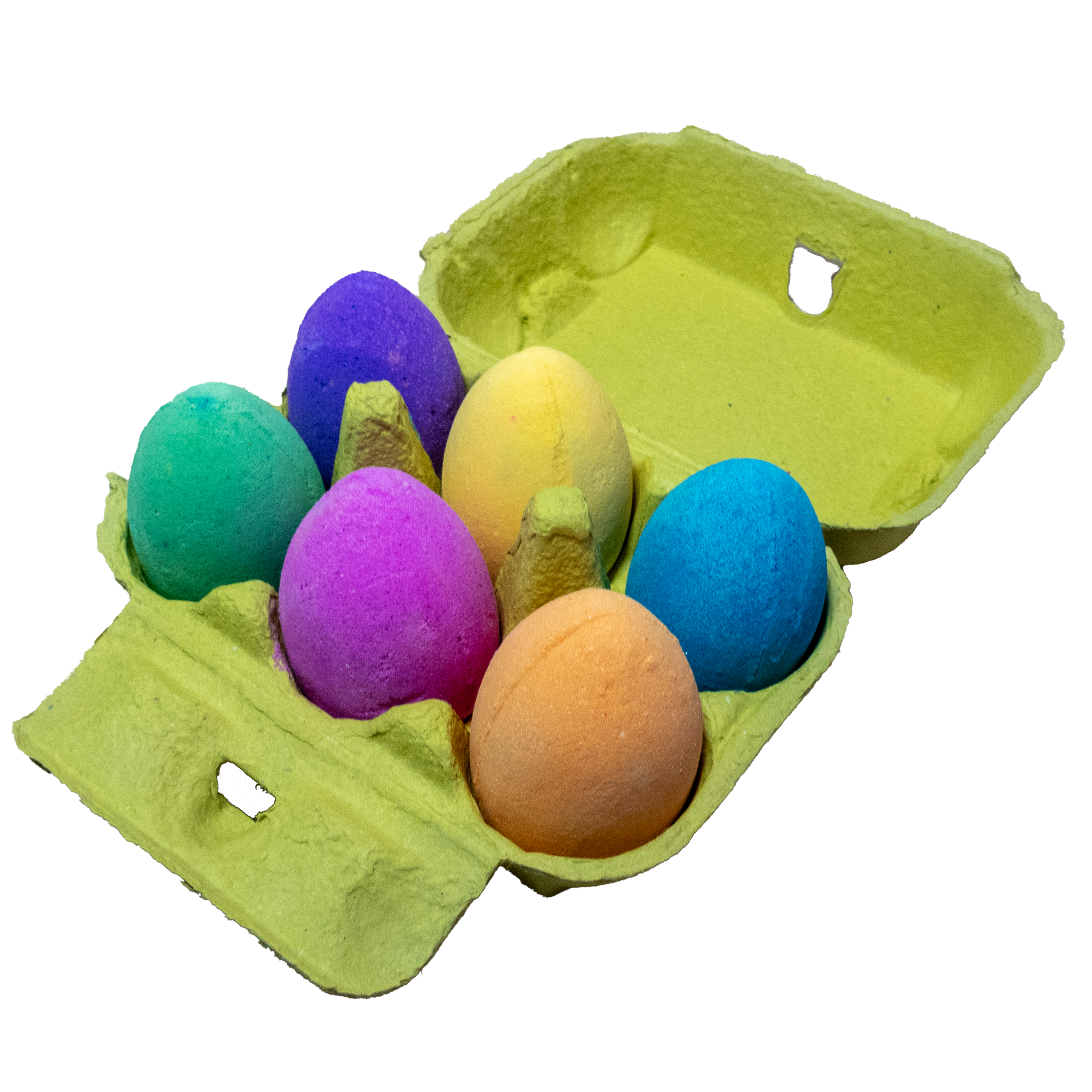 6 Bright coloured egg shaped bath bombs displayed in an open yellow egg box