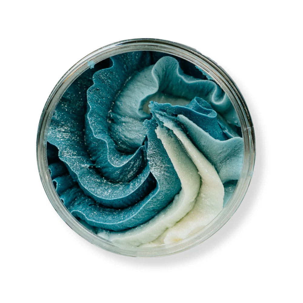 Blue, white & pale blue soap for men pipped like icing into a pot. 