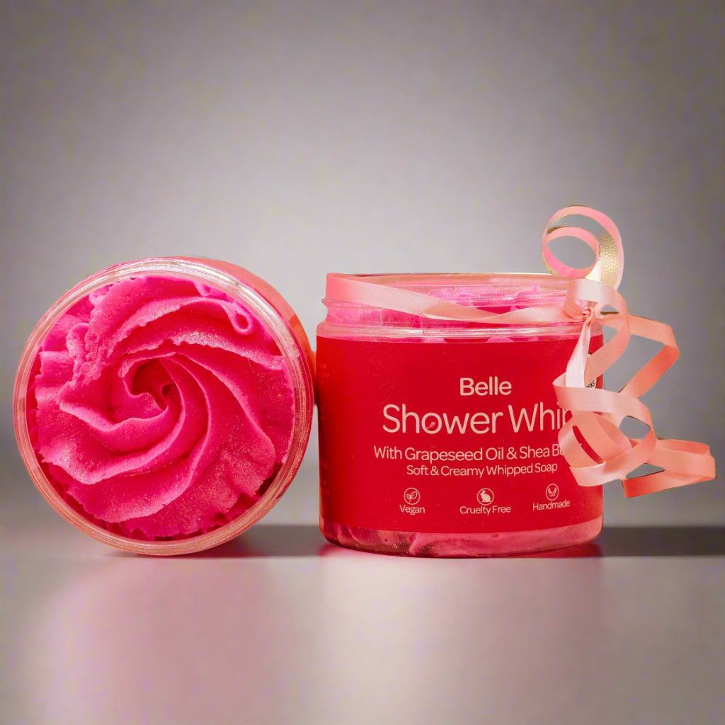 A bright pink air-whipped soap for the shower, fragrance insirpiration by la Vie est Belle