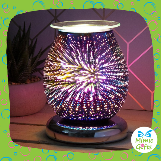 Electric Aroma lamp for wax melts or oil burner in a striking purple metallic firework design